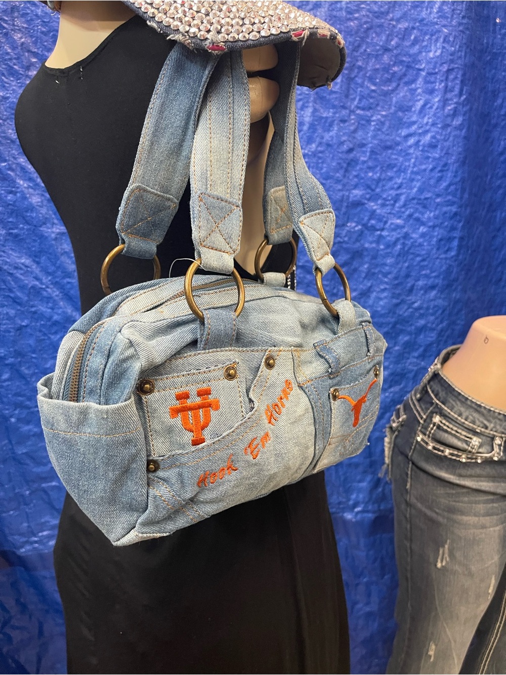 Texas Longhorns Denim Blue Jean Embroidered Shoulder Bag with Orange UT Accents